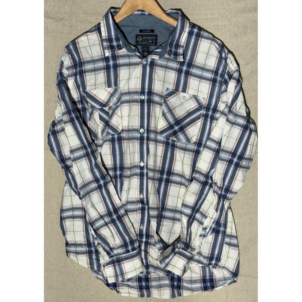 American Rag Cie Plaid Long Sleeve Button Down Shirt Mens XXL White Blue Cotton